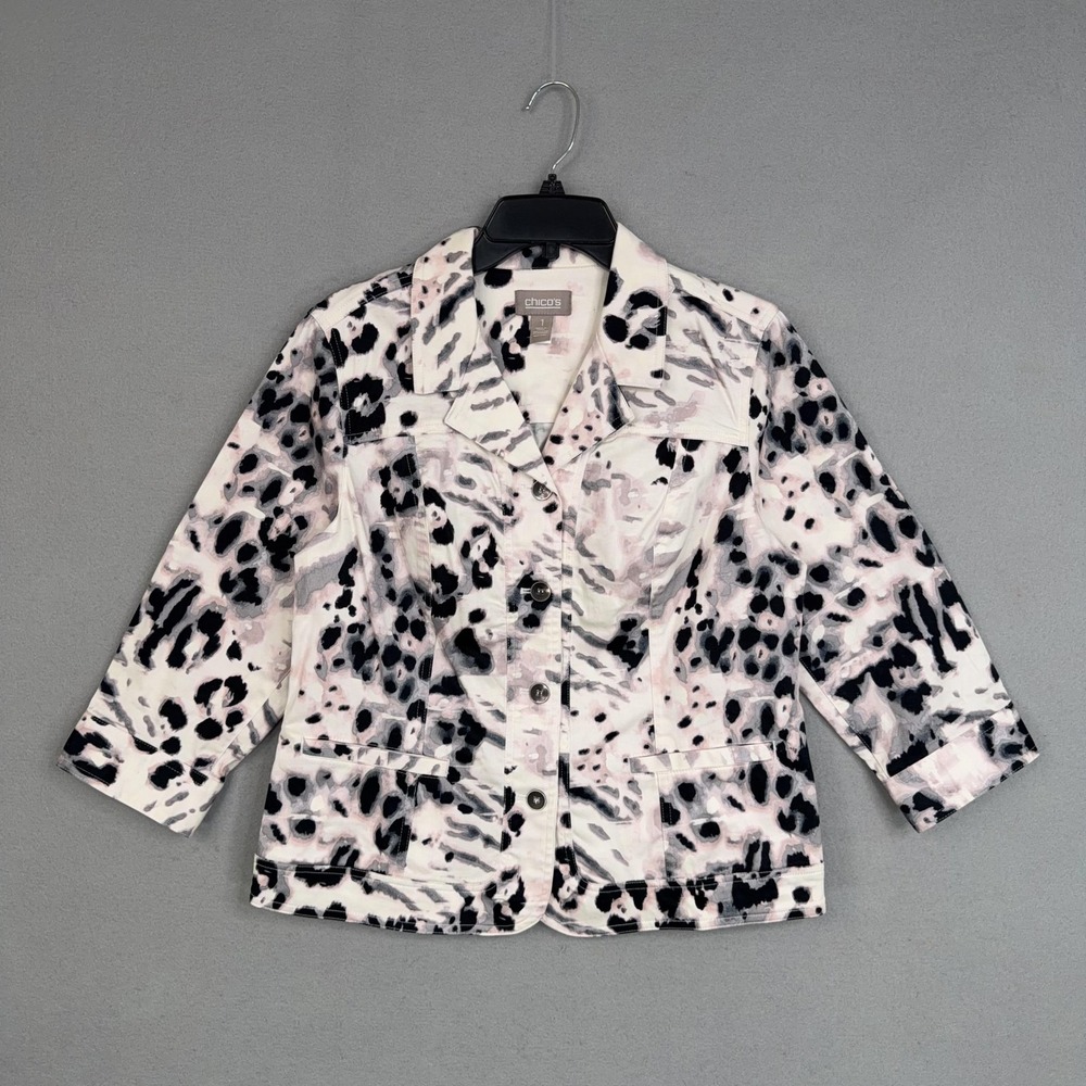 Chico's Jacket Womens Size 1 Colorful Leopard Print Cotton Twill Art To Wear
